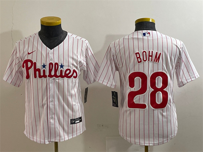 Youth Philadelphia Phillies #28 Alec Bohm White Cool Base Stitched Baseball Jersey Youth Philadelphia Phillies #28 Alec Bohm White Cool Base Stitched Baseball Jersey